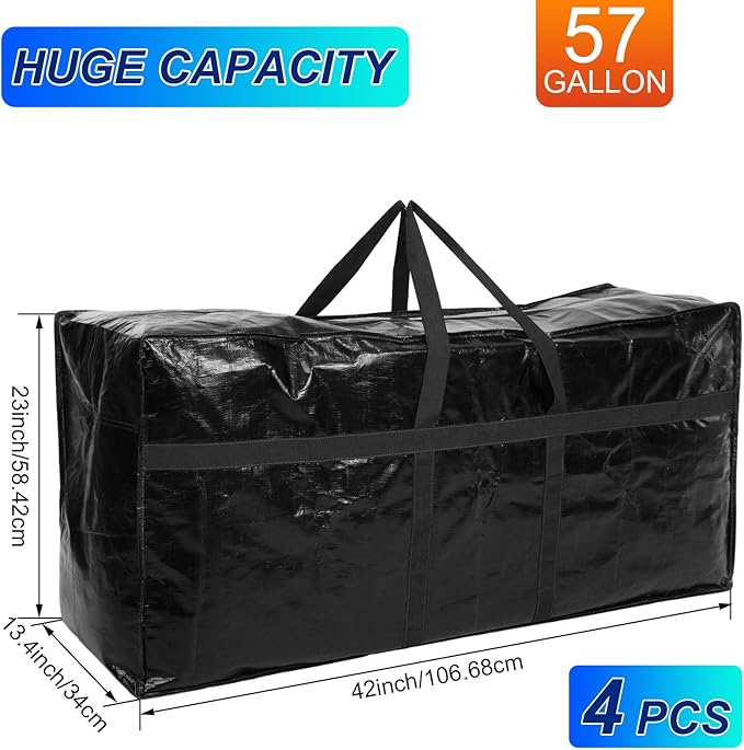 Windyun 4 Pack 57 Gallon Extra Large Storage Bags XXL Moving Bags with Zipper Handles Heavy Duty Jumbo Big Totes Box for Halloween Skeleton 4-12 Feet Christmas Tree Storage College Dorm Cloth (Black)