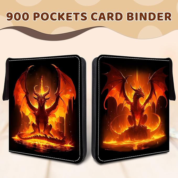 900 Pocket Trading Card Storage Album, Card Binder with 50 Durable 9-Pocket Pages, Fire Dragon Design on Pocket Card Packs, Thanksgiving Christmas Gifts for Zipper Closure Collector's Album