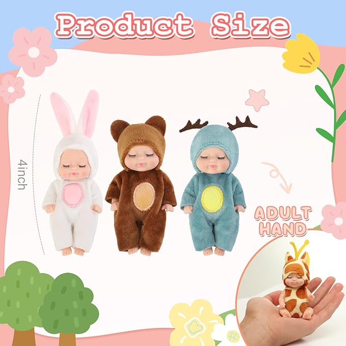 4 Inch Mini Baby Dolls 6pcs Set Realistic Reborn Baby Dolls Cute Small Baby Doll with Animal Clothes Suitable for Baby Gifts for Boys and Girls Over 3 Years Old Birthday Gift