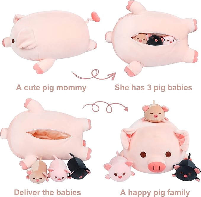 Achwishap Pig Stuffed Animal Mommy 19.6” with 3 Pig Plushies,4 PCS Cute Pig Plush Pillow,Kawaii Toys Soft Hugging Pillow for Kids Girls Boys Gifts(Pink Pig Family)