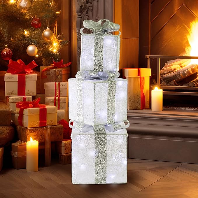 Christmas Light Gift Box Decorations, 3-Piece Set, Pre-Strung Wired Gifts with Bows, Illuminate Christmas Tree Skirt Decorations. Suitable for Indoor and Outdoor Use.（Silver）