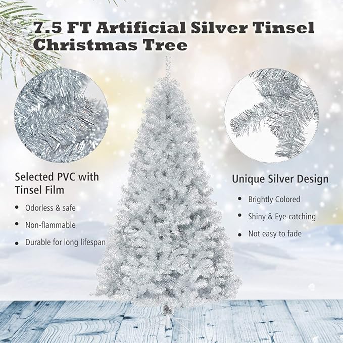 GOFLAME 7.5 FT Artificial Christmas Tree Hinged with 1258 Branch Tips, Silver Tinsel Christmas Tree with Metal Stand, Electroplated Technology for Indoor and Outdoor Holiday Decoration