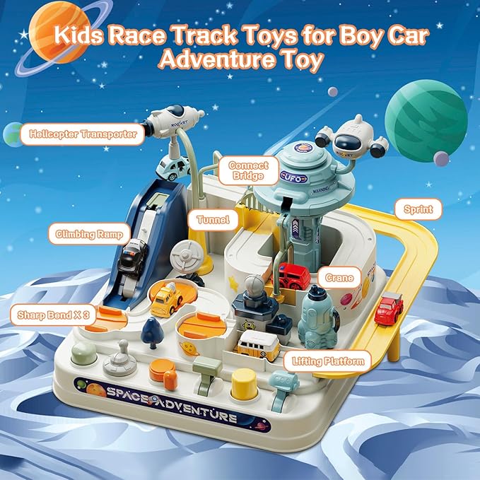 Fistone Kids Race Track Car Adventure Toy for Toddlers, Spaceship Puzzle Rail Track City Rescue Playset with 4 Mini Cars, Preschool Educational Car Games Toys for Boys Age 3+