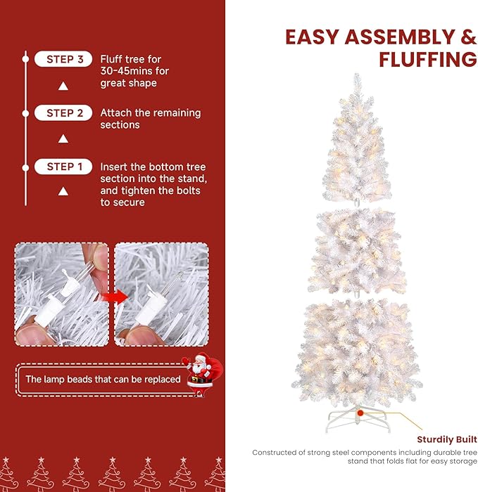SHareconn 6 ft Prelit Artificial Hinged Slim Pencil Christmas Tree with Warm White Lights, Full Branch Tips, Good Choice Decoration for Xmas Holiday, 6 FT, White