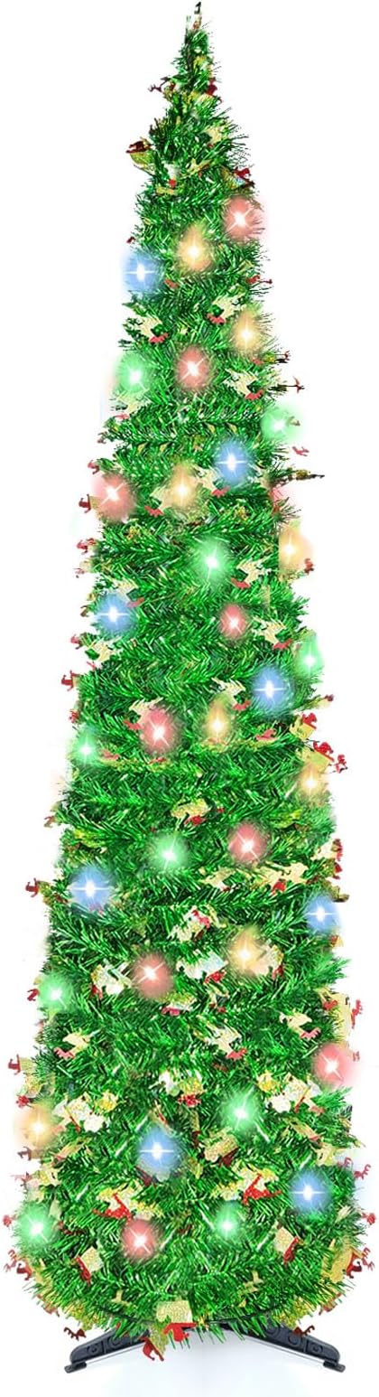 5FT Pop Up Christmas Tree with 90 LED Lights, Collapsible Christimas Tree Sled Sequins Tinsel Slim Pencil Christmas Xmas Tree for Home Holiday Fireplace Party Indoor Outdoor Decorations, Green