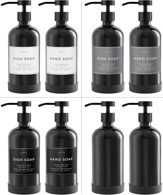 16oz Glass Soap Dispenser with Stainless Steel Pump, 21 Waterproof Labels, Non-Slip Protective Silicone Pad, Set of 2 for Bathroom & Kitchen (Gloss Black Bottle/Black Pump)
