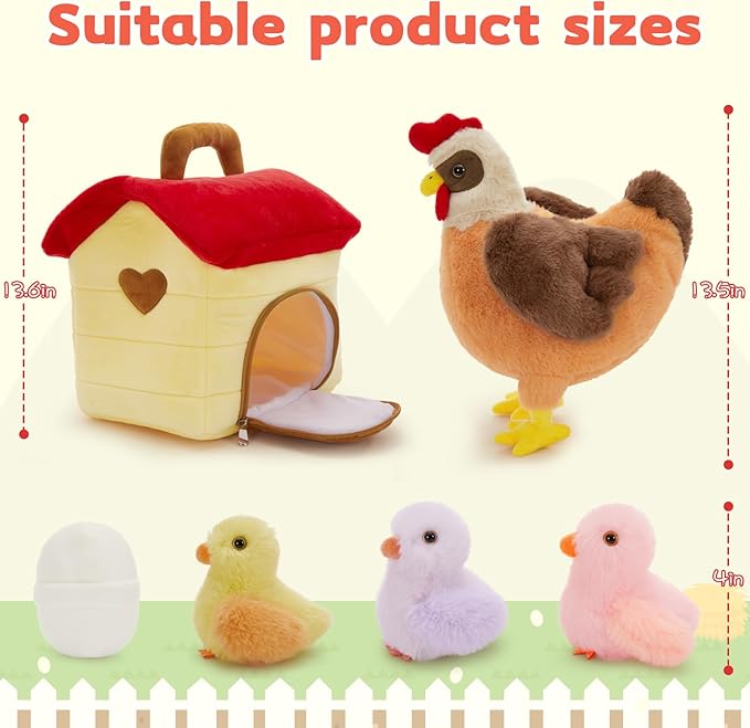 Tezituor 6 Pcs Chicken Stuffed Animals Set with Coop,14" Mother Hen with Baby Chicks&Egg Plush Toy,Soft Farm Animal Plushies for Toddlers Kids Home Farm Decor Easter Gifts