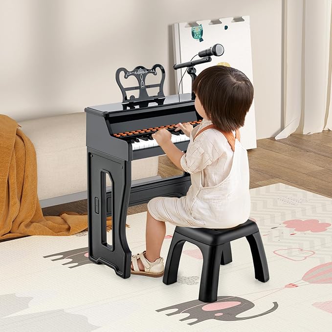 HONEY JOY Kids Piano, 37-Key Black Kids Keyboard Piano w/ Music Stand & Bench, Gift for Babies w/ Microphone, Portable Electronic Educational Musical Instrument, Toddler Piano for Girls Boys