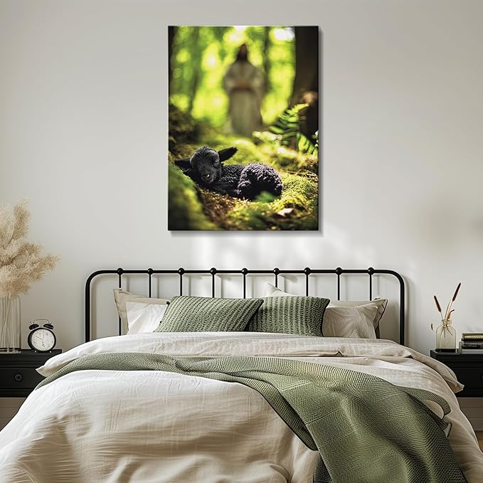 AbcCustomize Jesus Running After Lost Lamb Christian Wall Decor, Religious Wall Decor for Home, Jesus Wall Art Canvas Prints Ready to Hang, Inspirational Christian Art for Prayer Room, Baptism Gift