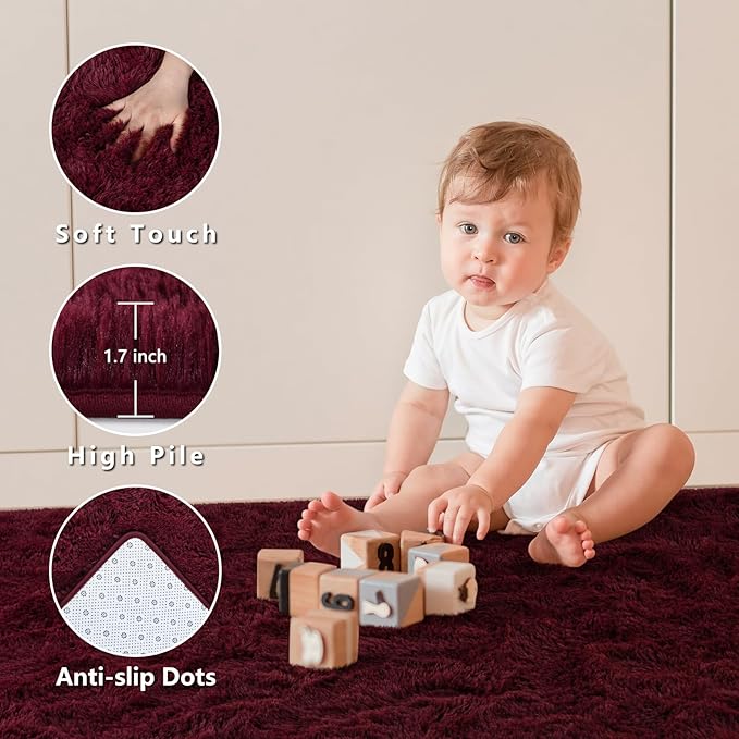 Nuttumico Extra Large Burgundy Fluffy Area Rugs for Living Room, 8x10 Feet Ultra Soft Indoor Modern Plush Fuzzy Rug, Thickened Carpet for Kids Playroom, High Pile, Non Slipping