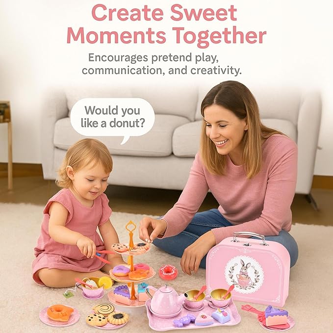 Tea Party Set for Girls – Princess Toddler Birthday Gift, Bunny Tea Time Toys with Teapot, Desserts, Cups, Plates & Carrying Case, Pretend Kitchen Playset for Kids Ages 3-8