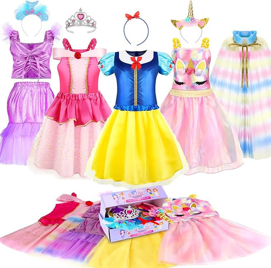 Princess Dress Up for Girls, Role Play Kids Dress up Clothes Gift Set Princess Toys for Little Girls Ages 3-8yrs Toddler Birthday Party