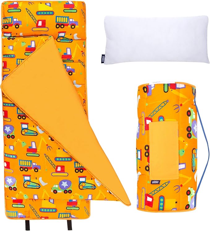 Wildkin Kids Microfiber Nap Mat – Soft Sleep Mat with Pillow, Ideal for School & Travel - Under Construction