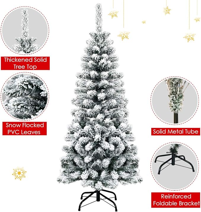 Happygrill 4.5FT Snow Flocked Pencil Christmas Tree Artificial Slim Xmas Tree for Indoor Outdoor Festival Decoration