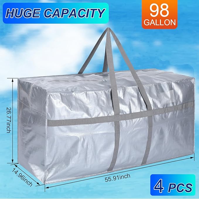 Windyun 4 Pack 98 Gallon Extra Large Storage Bags XXL Moving Bags with Zipper Handles Heavy Duty Jumbo Big Totes Box for Halloween Skeleton 4-12 Feet Christmas Tree Storage College Dorm Cloth (Silver)