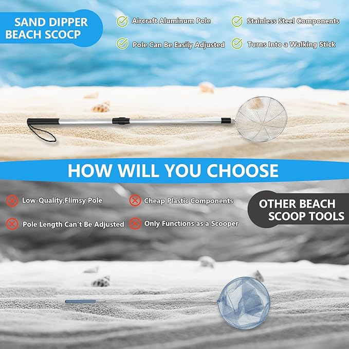 Shark Tooth Sifter, Beach Sand Sifter, Sea Shell Scooper for Beach, Shell Bags&Foldable Bucket, Sand Beach Toys for Kids 6 8 10 12, Medium, Blue