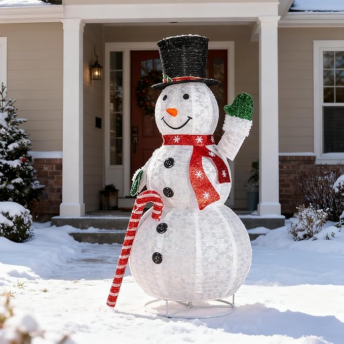 Snowman Outdoor Christmas Decorations with 120 LED Lights, 4ft Lighted Snowman with Metal Stand, Holiday Ornaments Xmas Decor for Home Porch Patio Yard Party (White with Candy Cane, 5.7 FT)