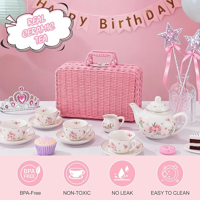 Porcelain Tea Set for Toddlers, Tea Party Set for Little Girls, Pink Floral Teapot Cup Saucer Carry Case, Princess Party Pretend Play Kids Toys, Toddler Girl Birthday Gifts Age 3 - 8 Years Old