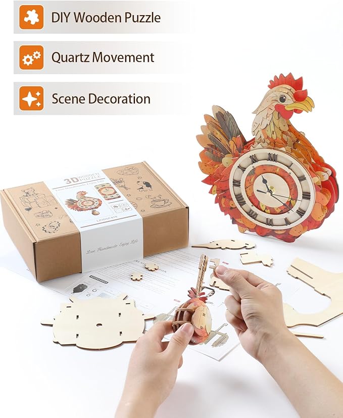 3D Wooden Puzzles for Adults, Hen Wall Clock DIY Set (with Pendulum), Beginner 29 Pcs Wooden Puzzles, Creative Gift Ideas for Adults Teens