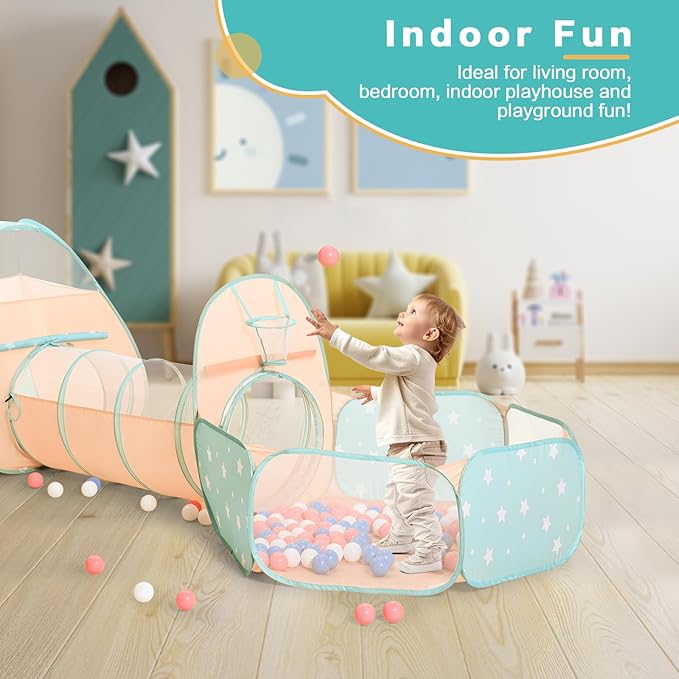 SISTICKER 3 in 1 Kids Play Tent with Baby Ball Pit and Play Tunnel, Toddler Climbing Toys for Boys, Girls, Babies, Indoor Outdoor Pop Up Playhouse Tunnel Toys (Balls NOT Included)