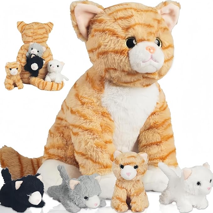 5 Pcs Cat Stuffed Animal with Babies Inside Belly, 1 Mommy Stuffed Cat Plush Toy with 4 Kittens Stuffed Kitty Cats Plushies Toys for Kids Girls Boys Birthday Christmas Easter Stuffers Gifts