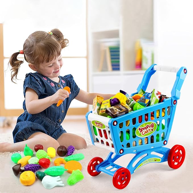 deAO Kids Shopping Cart Trolley Play Set Includes Over 70 Grocery Food Fruit Vegetables Shop Accessories Play Food Role Play Educational Toy (Blue)