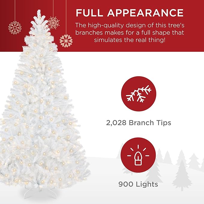 Best Choice Products Artificial Christmas Tree, 9ft Premium Pre-Lit Realistic Spruce Holiday Décor w/Dense Branches, Metal Base - White Spruce