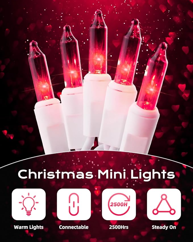 Brightown Pink Mini String Lights, 100-Count 26.5ft Incandescent Bulb Valentine's Day Fairy Lights for Indoor Holiday Decoration, Christmas Tree Garland Wedding Party Multi-Use Decor, White Wire