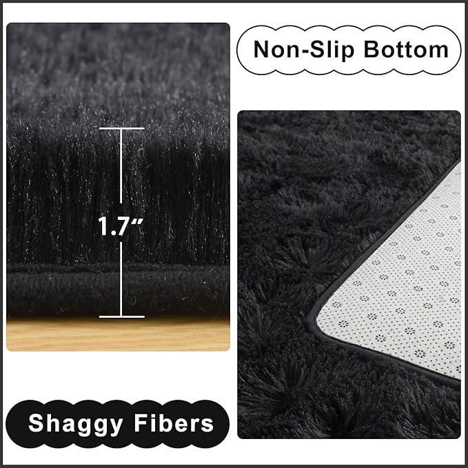 Ompaa 9x12 Area Rug Black Fluffy Living Room Large Carpet for Bedroom Dorm, Non-Slip High Pile, Modern Big Shag Rug for Classroom Kids Playroom Nursery Home Office Decor