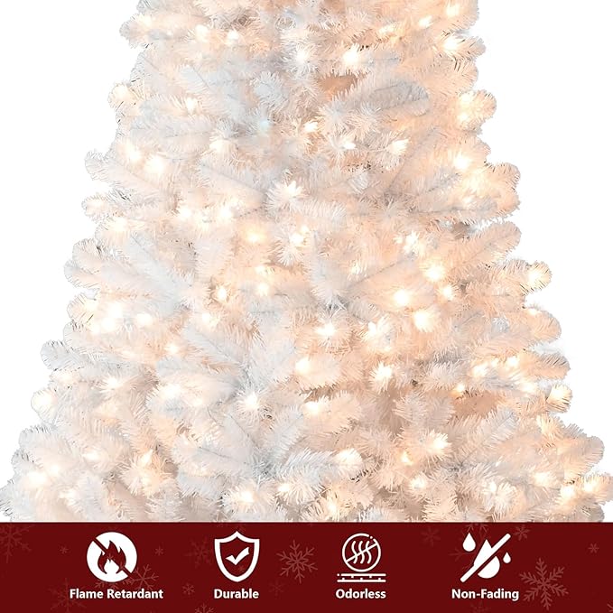 7.5ft Per-Lit White Christmas Tree, Artificial Christmas Tree with 450 Warm White Lights,1240 Branch Tips, Premium Full White Xmas Tree for Easy Holiday Setup, Foldable Metal Base