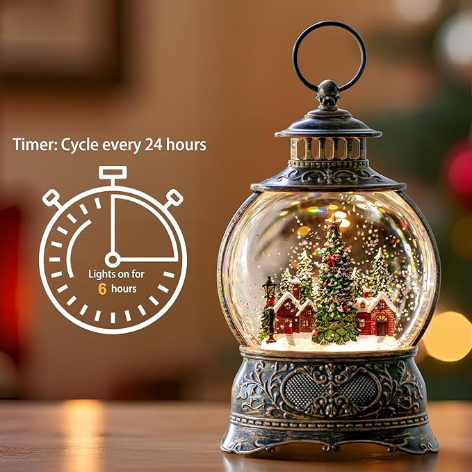 Christmas Snow Globes Water Lantern with Christmas Tree Village, Music & 6H Timer, USB Lined/Battery Operated Lighted Lanterns for Xmas Festival Decoration Gifts
