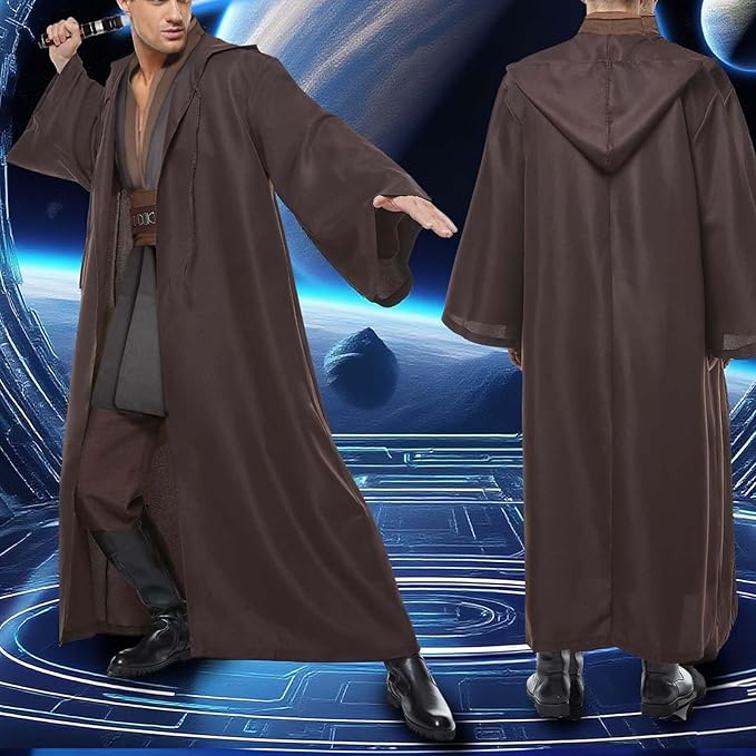 Men's Tunic Cosplay Costume with 2 PCS Light Up Saber Tunic Hooded Robe Full Set for Halloween Party