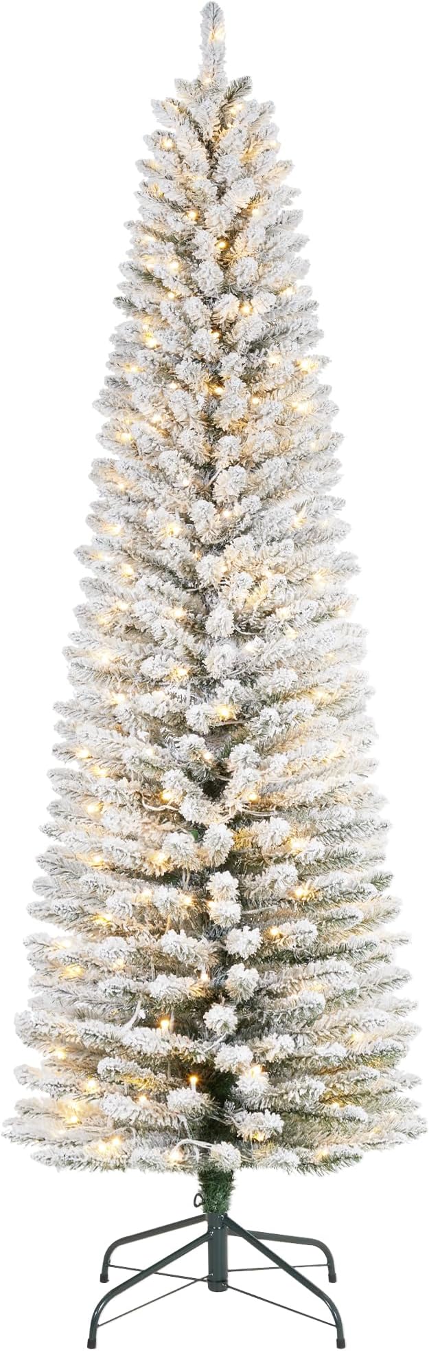 Christmas Artificial Pencil Tree 9Ft with LED Lights, PVC Mixed Tree with Flocked, Holiday Decoration for Indoor Outdoor
