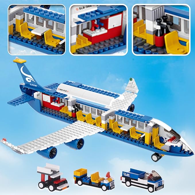 City Passenger Airplane Building Set for Boys 6+ 8+ 12+, City Plane Airport Playset with a Large Aircraft, Passenger Bus, Luggage Truck, Container Loader, 7 Minifigures, Compatible with Lego City