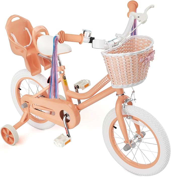 KORIMEFA Girls Bikes Ages 2-4 4-6 6-8 with Training Wheels 12 14 16 Inch, Little Small Kids Princess Toddler Bicycle with Streamers, Pedal Bike with Basket and Doll Seat, Coaster Brake, Birthday Gift