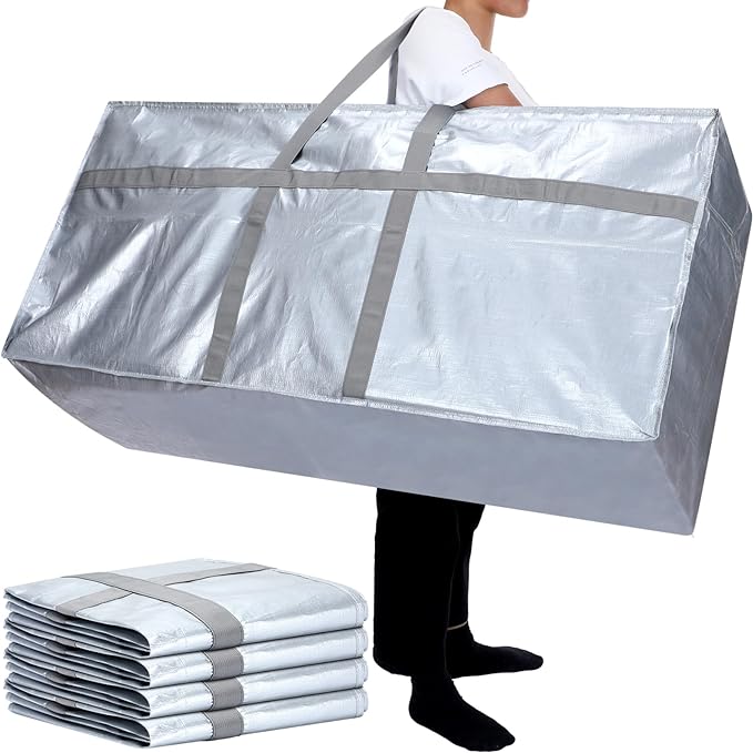 Windyun 4 Pack 57 Gallon Extra Large Storage Bags XXL Moving Bags with Zipper Handles Heavy Duty Jumbo Big Totes Box for Halloween Skeleton 4-12 Feet Christmas Tree Storage College Dorm Cloth (Silver)