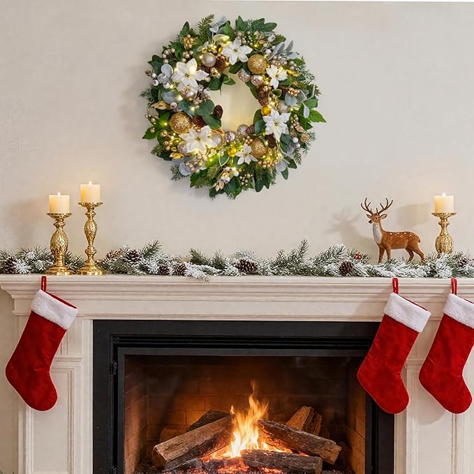 Christmas Wreaths for Front Door with Lights 24 Inch Prelit Christmas Wreath, Christmas Door Wreath with White Flowers, Gold Ornaments, Pine Cones, Greenery & Berries Indoor Outdoor