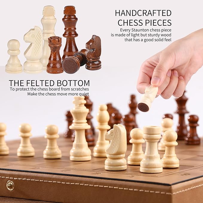 2 in 1 Magnetic Chess Set & Checkers Board Game, 15" Handmade Folding Chess Board, Portable Travel Chess Set, Beginner Chess Board Game for Adults & Kids (15 Inch)