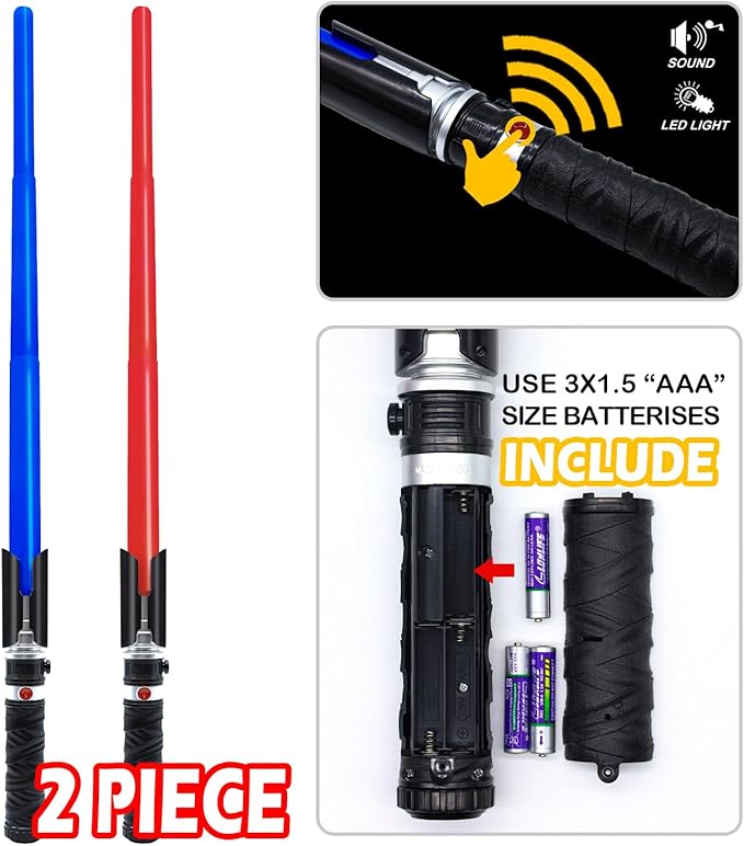 Light Saber Swords for Kids, 2-in-1 Dual Light Up Sabers with FX Sound, Expandable Light Sword with Belt Clip for Galaxy War Fighter Warriors, Halloween Costume Parties