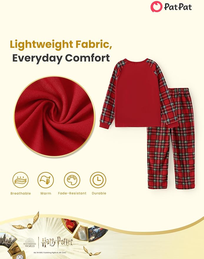 Harry Potter Pajamas Gryffindor Hufflepuff Slytherin Ravenclaw Hogwarts Crest Long Sleeve Shirt and Plaid Pant for Big Kid