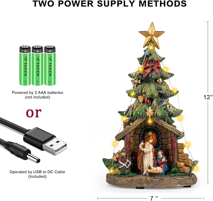 Musical Christmas Tree Nativity Scene with Figurines LED Light, Christmas Holy Family Nativity Scene for Xmas Decor Gift, Tabletop Decorative Christmas Ornaments