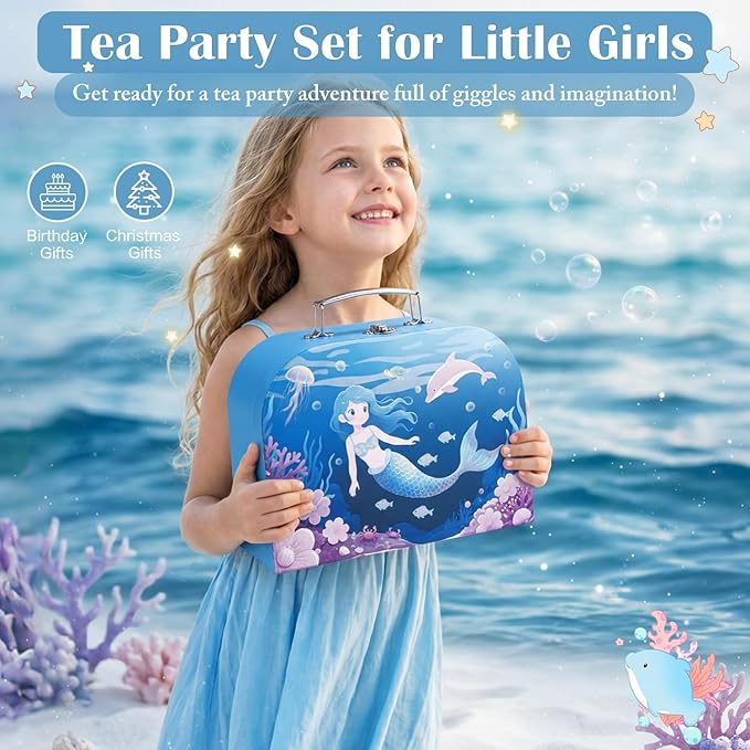 Tea Party Set for Little Girls, 49PCS Princess Tea Time Toys Including Teaset Dessert Carrying Case, Kids Pretend Play Kitchen Toys, Toddler Girl Birthday Gifts for 3-8 Year Old, Sea