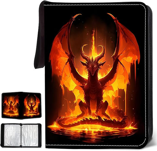 900 Pocket Trading Card Storage Album, Card Binder with 50 Durable 9-Pocket Pages, Fire Dragon Design on Pocket Card Packs, Thanksgiving Christmas Gifts for Zipper Closure Collector's Album