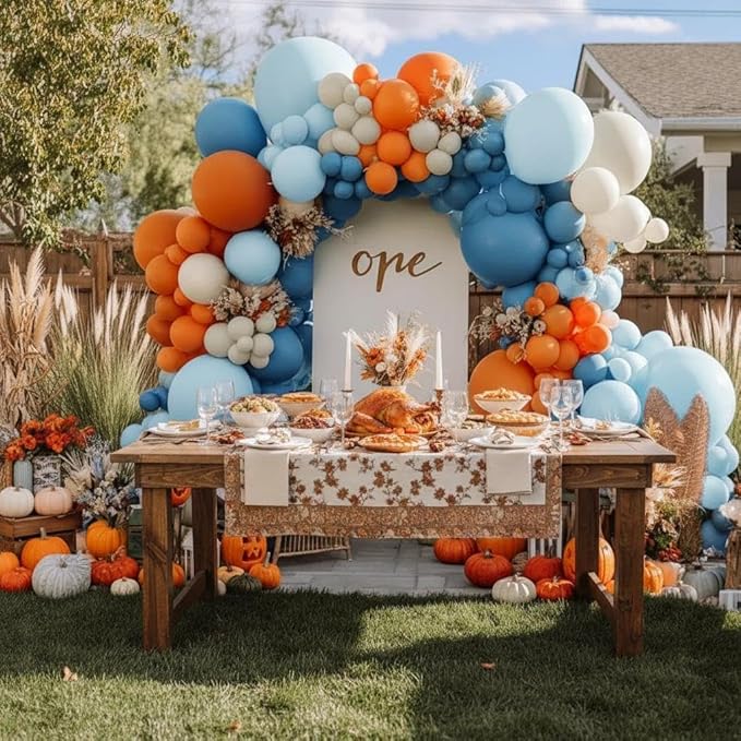Orange Blue Balloon Arch Double Stuffed Latex Orange Sand White Balloons Light Blue White Balloon Garland for Birthday Fall Baby Shower Thanksgiving Harvest Autumn Home Decor