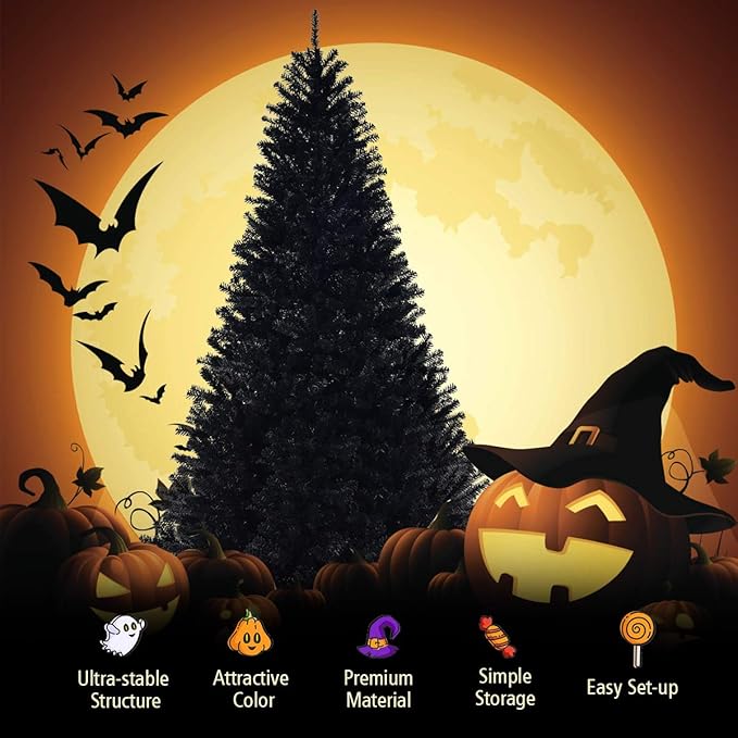 GOFLAME 7.5FT Artificial Halloween Christmas Tree, 1258 Branch Tips, PVC Needles, Xmas Hinged Pine Tree w/Solid Metal Legs, Unlit Halloween Christmas Tree for Indoor and Outdoor Decoration, Black