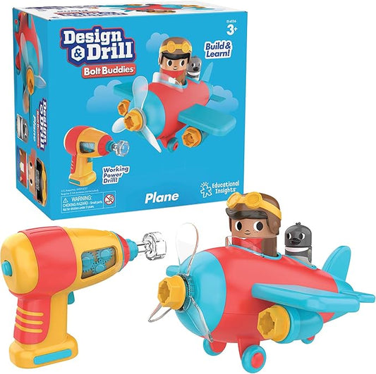 Educational Insights Design & Drill Bolt Buddies Plane - Construction Toys & Toddler Tools, Kids Tool Set with Real Electric Drill Toy, Take Apart STEM Set, Building Kits and Gifts for Ages 3+