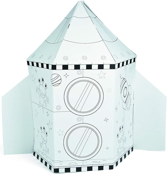 Fun Express Cardboard Playhouse Rocket Ship Toy for Kids - 5 Foot Color Your Own Spaceship for Indoor Play | White Cardboard House to Color for Toddler Activities & Creative Arts Projects