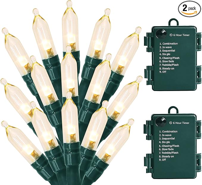 Christmas Lights - Battery Operated String Lights 33ft 100LED Outdoor String Light with Timer & 8 Modes, LED String Lights for Indoor Outdoor Wreath Christmas Wedding Party Decor, Warm White, 2 Pack