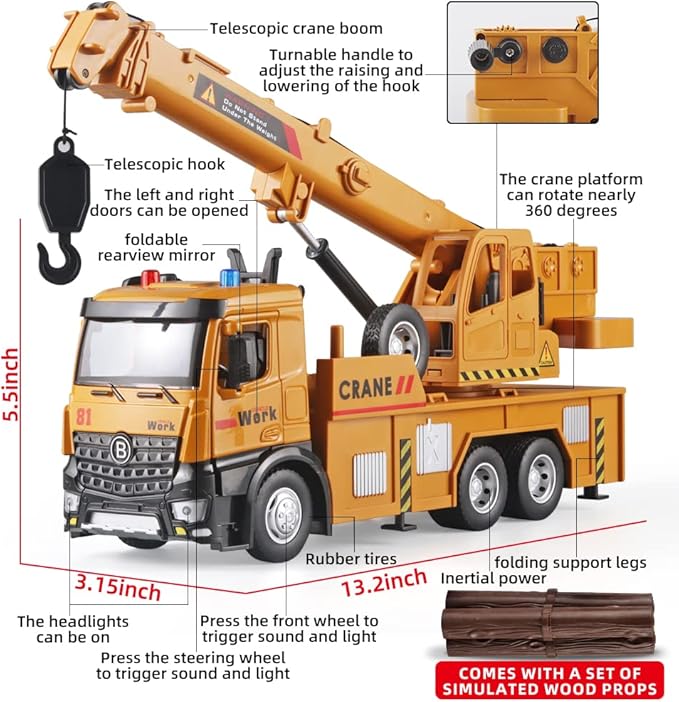 Children Crane Toy Metal DieCast Crane Model，Construction Truck Toys with Simulated Sounds and Lights，Suitable for Ages 3 and Up Toy Crane for Boys