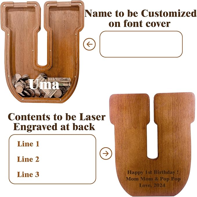 Personalized Wooden Letter Piggy Bank for Kids Larger Letter Piggy Bank for Boys and Girls Initial Coin Bank Customized Piggy Bank Perfect Wood Kids Money Bank for Birthday and Festival